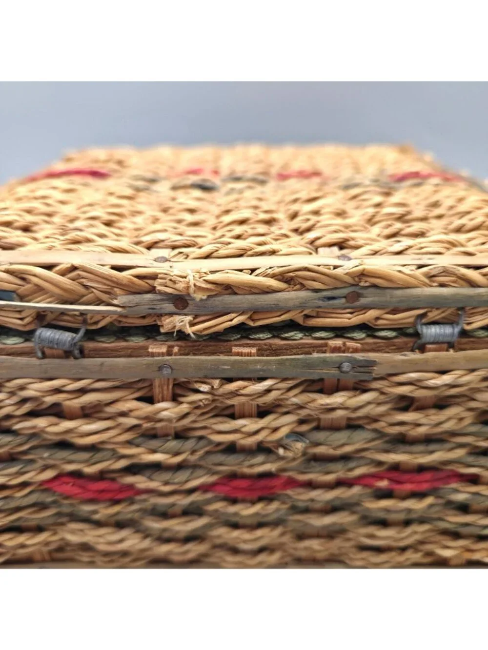 Vintage Woven Sewing Basket Hinged Lid Mid Century Green Satin Lining Cottage